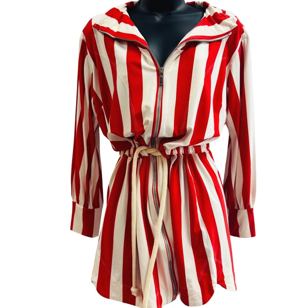 Anne Fernandes Red White Striped Zip Front Rope Belt Hooded Mini Dress P
